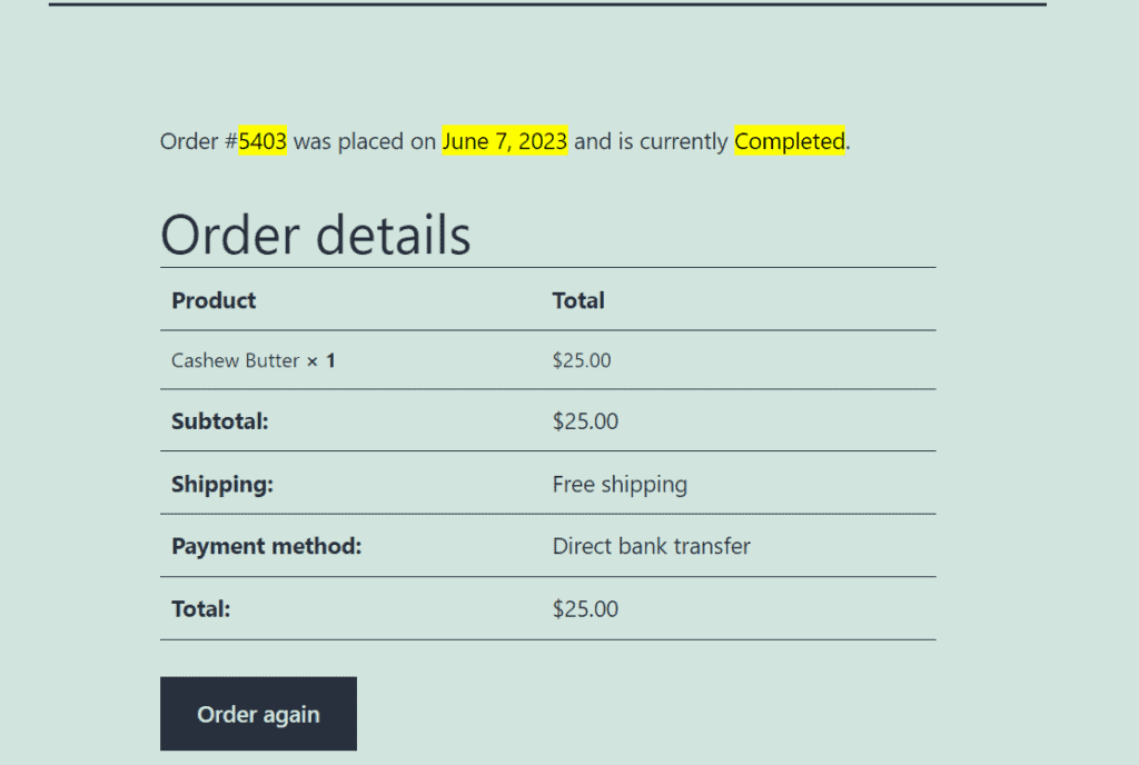 Order Details After Form Tracking Submission
